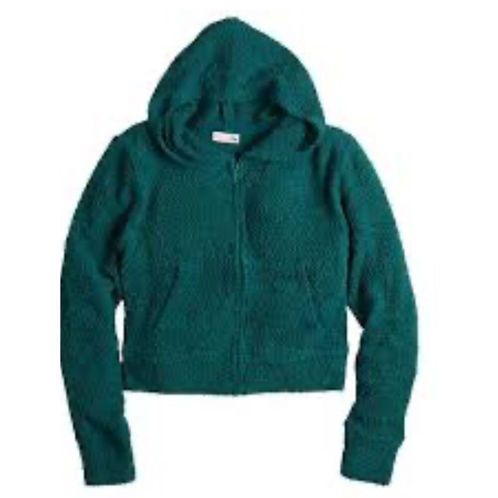 SO Perfectly Soft‎ Hoodie Dark Teal Green Eyelash Knit Zip Up Cropped Small NEW